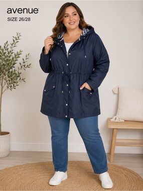 Avenue Navy Hooded Rain Jacket Windbreaker Plus Size 26/28